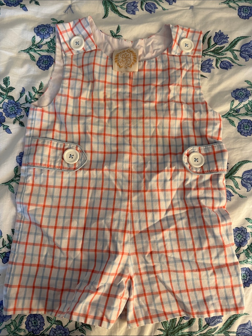 The Beaufort Bonnet Company Orange, Blue and White Plaid Kids Romper Jon Jon